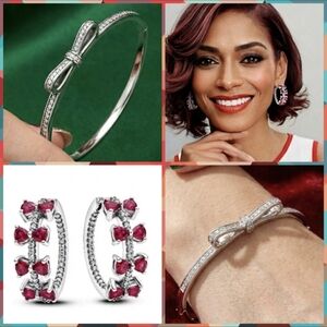 2pc S925 Shimmering Bow Bangle Bracelet & CZ Red Hoops  -Size 7.9/8.3